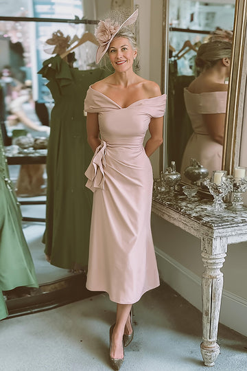 Blush Pink Off the Shoulder Mother of Bride Dress with Sash